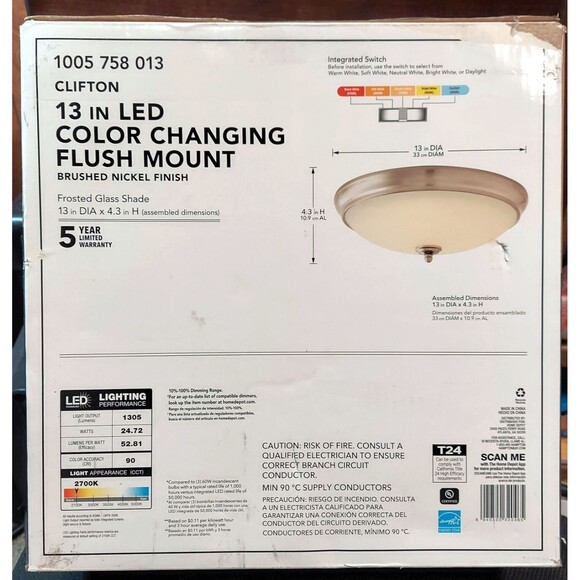 Hampton Bay Clifton 13 in LED Brushed Nickel Selectable LED Flush Mount Parts - Picture 2 of 2